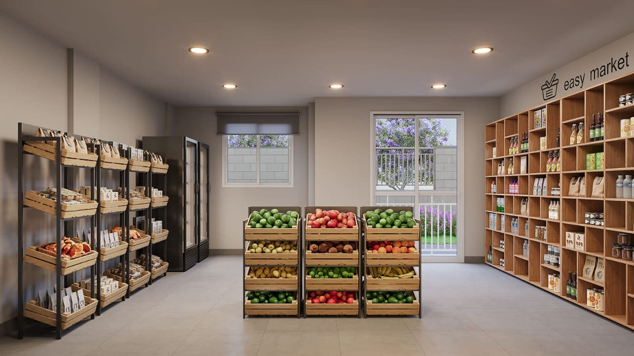 Perspectiva do easy market com prateleiras, frutas e geladeiras