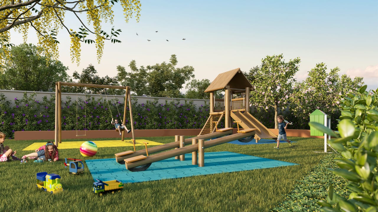 Perspectiva do playground com balanço, gangorra e casinha com escorregador